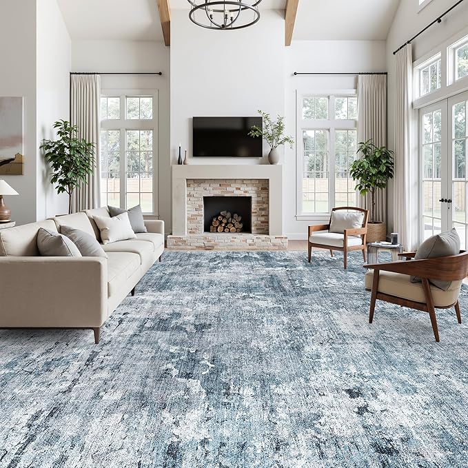 12x15 Washable Area Rug Blue/Grey Neutral Abstract Living Room Large Carpet Non Slip Bedroom Indoor Office Dining Room Low Pile Thin Rug