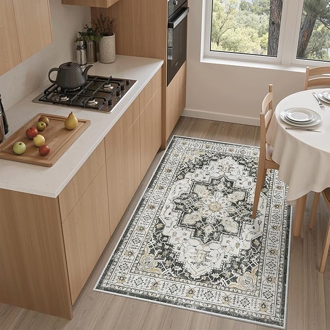 Madane Washable Entry Rug 3x4, Area Rugs for Entryway Kitchen Bathroom Door Mat Indoor Entrance, Vintage Floral Print Office Runner with Non Slip Rubber Backing, Black