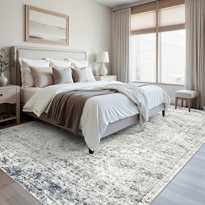 Washable Area Rug 8x10, Large Soft Rugs for Living Room Vintage 8x10 Area Rugs for Bedroom Dining Room Non-Slip Stain Resistant Under Table Blue Ivory Rug