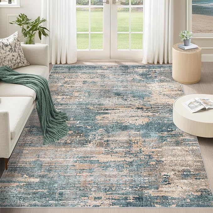 XLUEZ 5x7 Area Rugs for Living Room, Washable Modern Abstract Large Area Rug Neutral Soft Non Slip Kids Rug Stain Resistant Indoor Carpet for Bedroom Nursery Dining Room Playroom(GreenBrown, 5'x7')