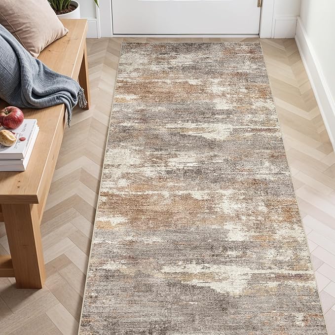 3x6 Washable Kitchen Runner Rug: Modern Abstract Runners for Hallway Soft Non Slip Rugs with Rubber Backing Low Pile Thin Floor Carpet for Entryway Bedroom Bathroom Bedside Indoor(Brown/Brick,3x6)
