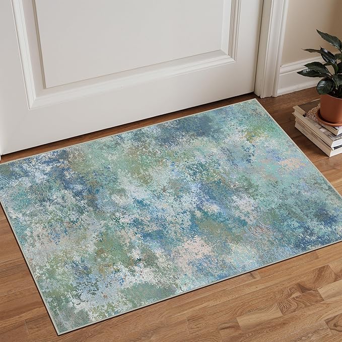 2x3 Rugs for Entryway Entrance Kitchen Bathroom, Machine Washable Rug Modern Abstract Soft Area Rug, Low Pile Indoor Floor Carpet with Non Slip Backing, Blue Green