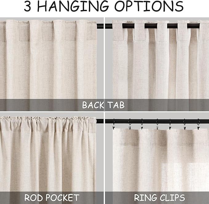 Beige Linen Textured Curtains 2 Panels Set 60 Inches Long for Living Room Bedroom Short Semi Sheer Light Filtering Back Tab Rod Pocket Drapes Half Privacy Protected Curtain for Farmhouse W52xL60