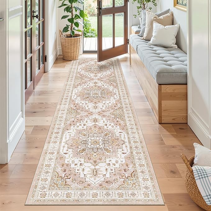 Madane Runner Rug 2x8, Washable Hallway Runner Rugs, Non-Slip Low-Pile Soft Kitchen Rug Runner Laundry Room Rug, Vintage Throw Entry Foyer Mat for Entrance Living Room (Pink, 2 x 8)