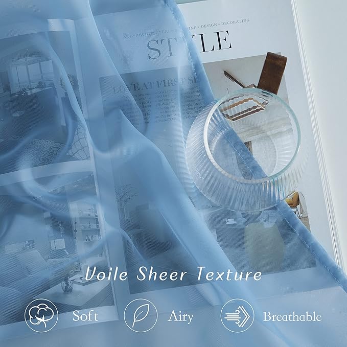 NICETOWN Stone Blue Sheer Curtains 108 inches Long, Grommet Top Elegant Voile Textured Window Treatments Light Filtering for Bedroom/Living Room, W54 x L108, 2 Panels