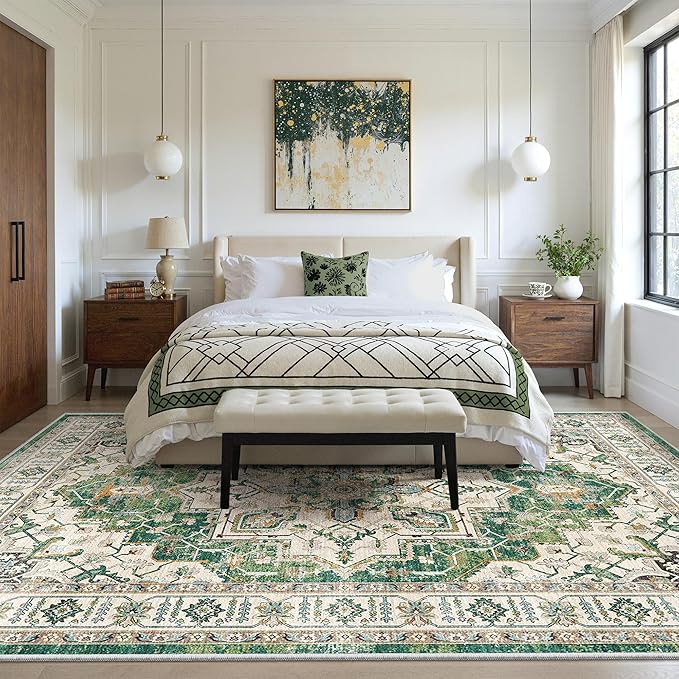zesthome 6x9 Area Rugs, Machine Washable Rugs for Living Room, Bedroom,Stain Resistant Vintage Large Area Rug,Non-Slip Medallion Pattern Home Decor Rugs (Green,6'x9')