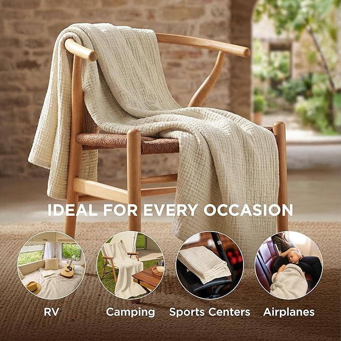 Bedsure 100% Cotton Muslin Blankets for Adults Large Throw 50x70 Inches - 4-Layer Breathable and Lightweight, Soft Boho Gauze Muslin Cotton Blanket for Couch Decor Travel Summer, Linen Beige