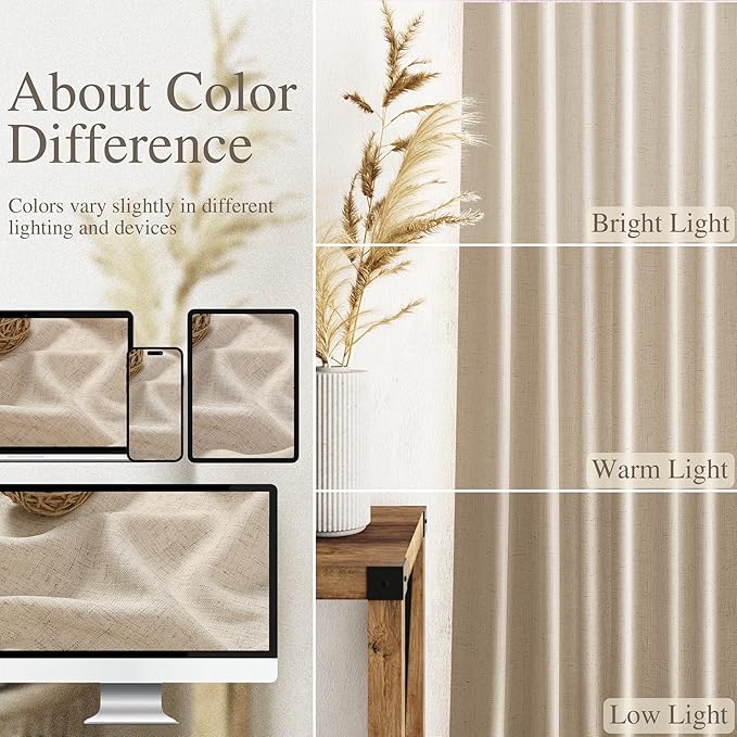 Nanspring Grey Flax Curtains 90 Inch Length 2 Panels Set for Living Room Linen Blend Light Filtering Mordern Boho Sheer Curtain Back Tab and Rod Pocket Neutral Drapes for Bedroom Office 52x90