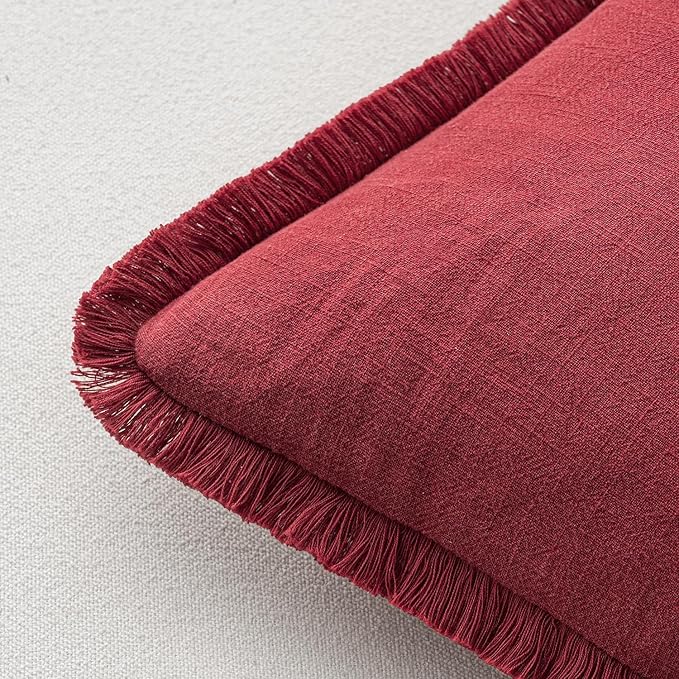 MIULEE Decorative Throw Pillow Covers Neutral Linen Fringe Throw Pillows Euro Shams Set of 2 Burgundy Boho Farmhouse Cushion Covers for Couch Sofa Bed Living Room Home Decor 22x22 Inch