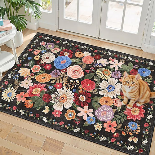 /Brown Floral Rug for Entryway in Black – 2 X 3