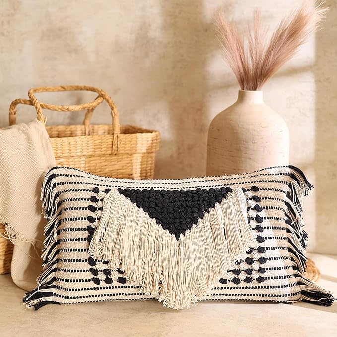 Decorative Boho-Chic Pillow Cover Handwoven Tufted Cotton Accent Pillows, Neutral Throw Cushion for Couch, Sofa or Bed, Farmhouse & Bohemian Home Decor, Trendy USA Design (Black Lumbar 12x20)