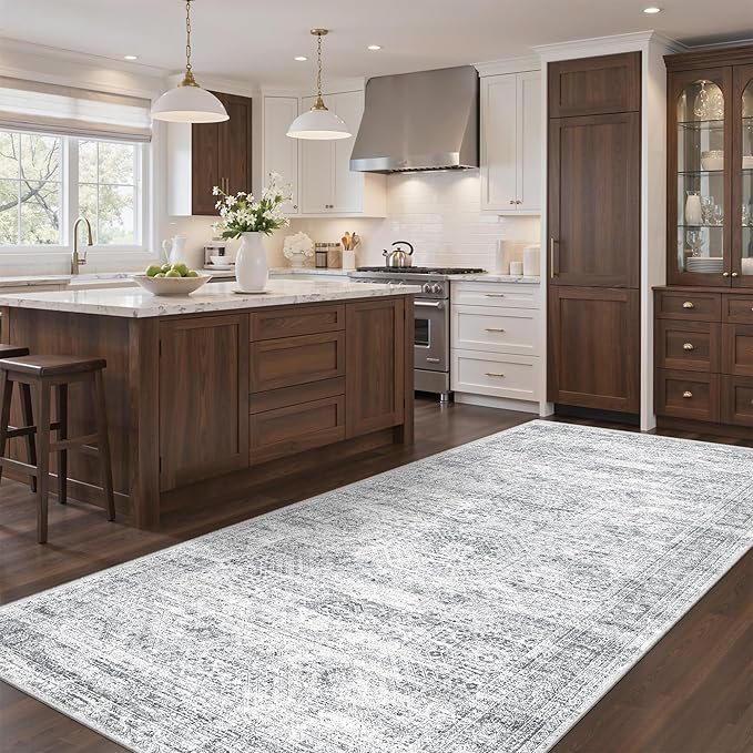 4x8 Rug for Bedroom,Wide Runner Rug for Hallway, Non Slip Washable Runner Rug for Living Room, Low Pile Soft Entryway Kitchen Rug, Modern Home Decor Mat for Dining Room(4'x8', Grey/Ivory)
