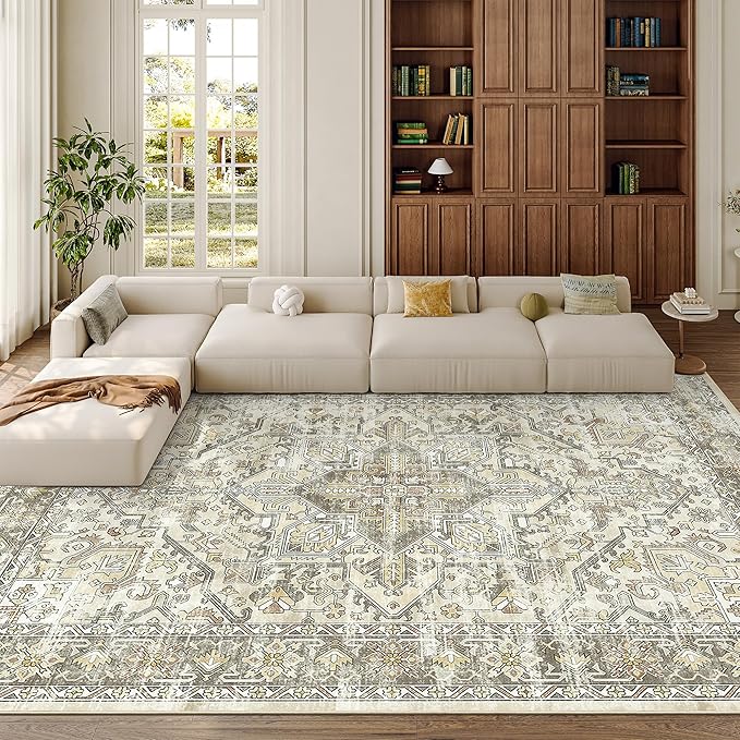 zesthome 8x10 Area Rugs for Living Room,Non-Slip Backing Washable Rugs,Vintage Large Area Rug，Stain Resistant Home Decor Rug (Beige/Brown,8'x10')