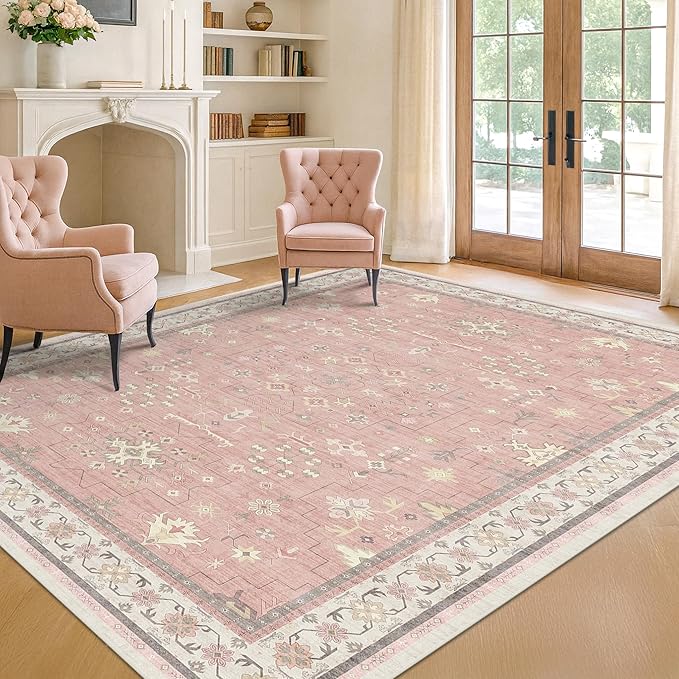 Hazo Haus Pink Washable 6x9 Rug for Bedroom - Nursery Floral Girls Room Rug Machine Washable Non Slip Kids Playroom Mat, Cute Girly Thin Low Pile Stain Resistant Living Room Decor