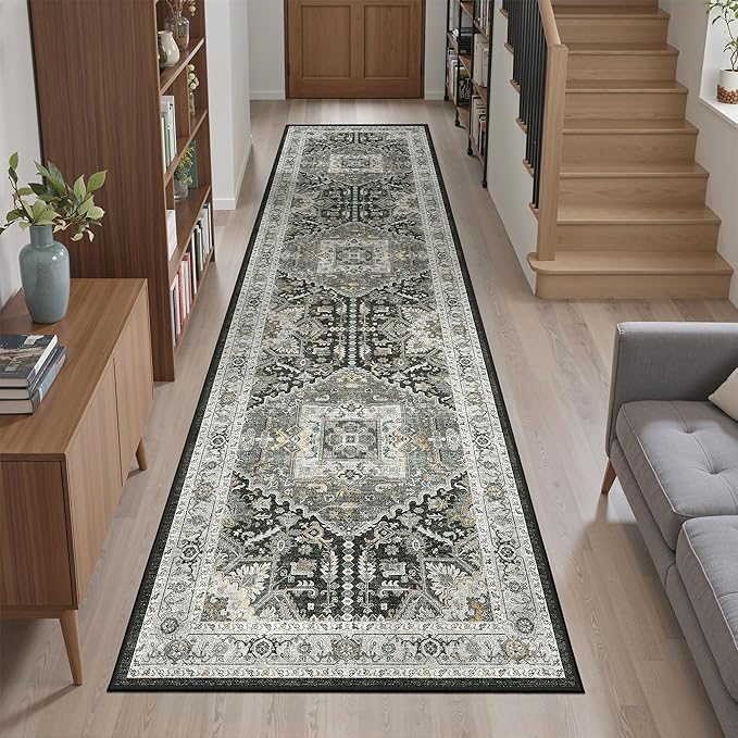 Madane Washable Runner Rug 2x8, Runners for Hallways Non-Slip Kitchen Runner Rugs Ultra-Thin Laundry Room Carpet Runner for Entrance Living Dinning Room Foyer, Grey Green/Black Olive