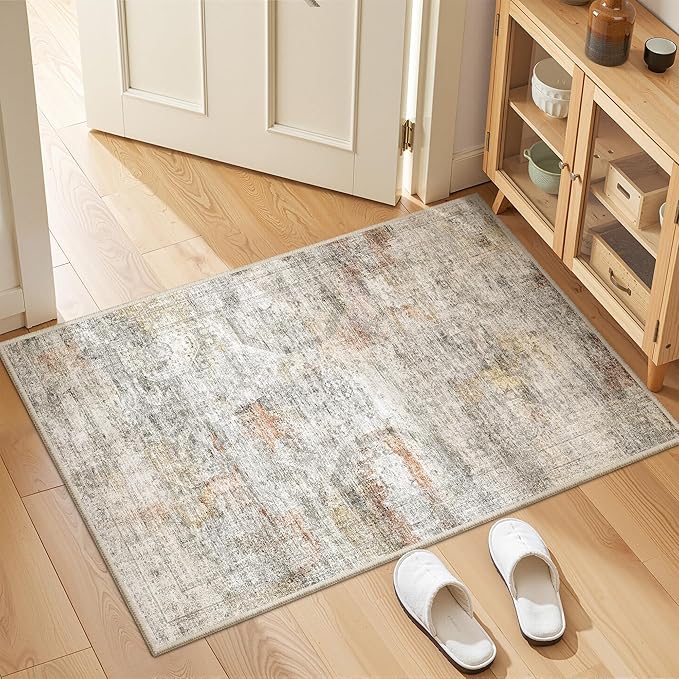 2x3 Washable Rug Runner for Bathroom, Soft Entryway Rug for Laundry Room, Kitchen, Vintage Abstract Hallway Runner for Bedroom, Anti-Slip Door Mat Indoor Entrance(2'x3', Grey/Rust)
