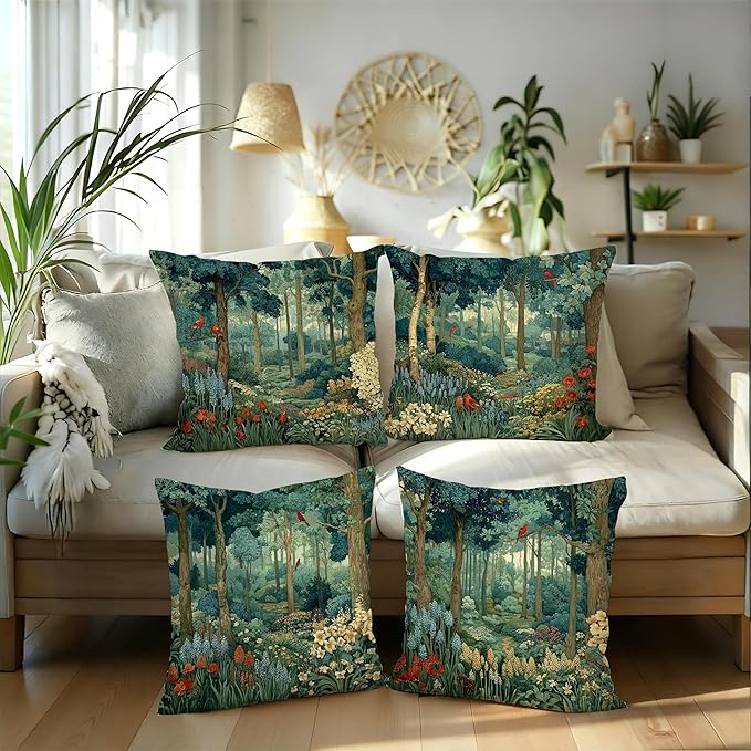 Rustic Forest Green Pillow Covers 18x18 Set of 4, Cottagecore Summer Lemon Forest Nature Botanical William Morris Inspired Decorative Throw Pillow Covers for Sofa Bed Bedroom Living Room