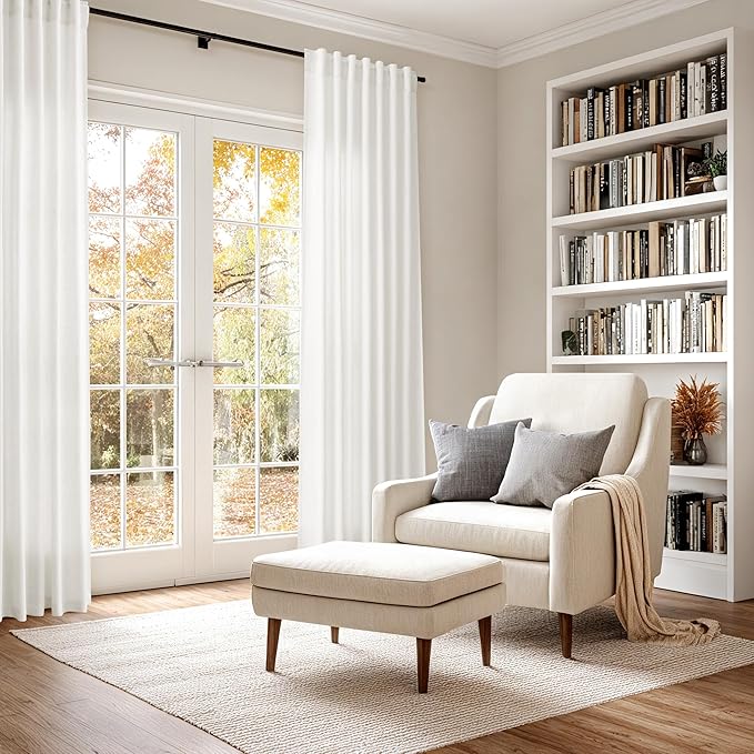 Nanspring Beige White Linen Curtains 96 Inches Long for Living Room Bedroom Light Filtering Privacy Coastal Decor Curtains Back Tab and Rod Pocket Curtain for Office Dinner Room 70x96, 2 Panels