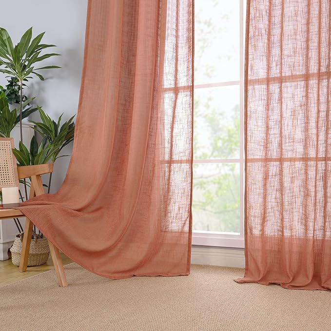 LAMIT Linen Semi Sheer Curtains 96 inches Long 2 Panels Set, Light Filtering Panels Back Tab and Rod Pocket Floor to Ceiling Curtains for Bedroom/Living Room, Terracotta, 52 x 96 Inch