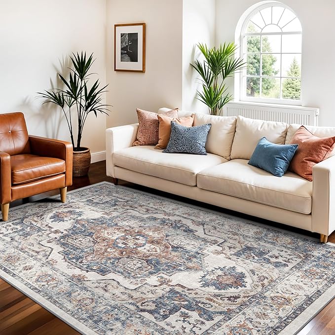 4x6 Living Room Area Rugs: Washable Boho Bedside Rugs Non-Slip Low Pile Small Carpet for Kitchen Bedroom Non-Shedding Floor Mat for Kids Room Office Dining Room(4x6，Brick)