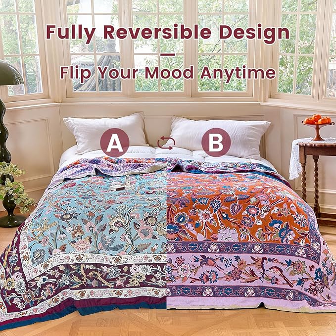 MSGKV Boho Throw Blanket for Bed 60"x80" 100% Cotton Couch Twin Size Floral Bird Blanket Spring Breathable Lightweigh Muslin Home Decorative Blankets