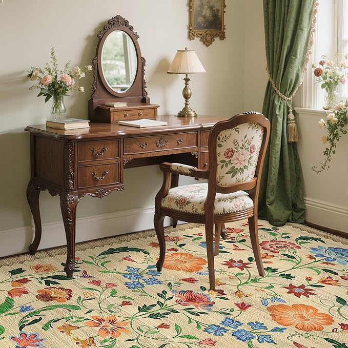 GarveeHome Washable Rug 4x6 Area Rugs for Living Room, Floral Rug for Bedroom, Soft Boho Non Slip Throw Rugs with Rubber Back, Low Pile Stain Resistant Vintage Floral Carpet for Dining Room, Beige