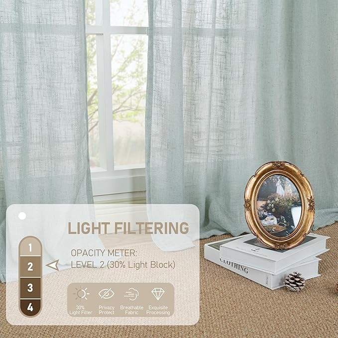 LAMIT Semi Sheer Linen Curtains 54 Inch Length 2 Panels, Greyish Blue Light Filtering Panels Back Tab and Rod Pocket Neutral Drapes for Kitchen/Window/Dining Room, 52 x 54 Inch