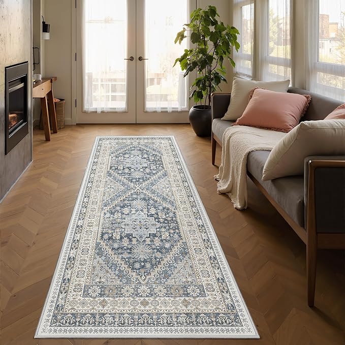 2x5 Rug Runner Washable for Entryway, Soft Bathroom Rugs with Non-Slip Backing,Vintage Low Pile Stair Runner, Small Kitchen Carpet for Hallways, Laundry Room(Blue/Beige,2'x5')