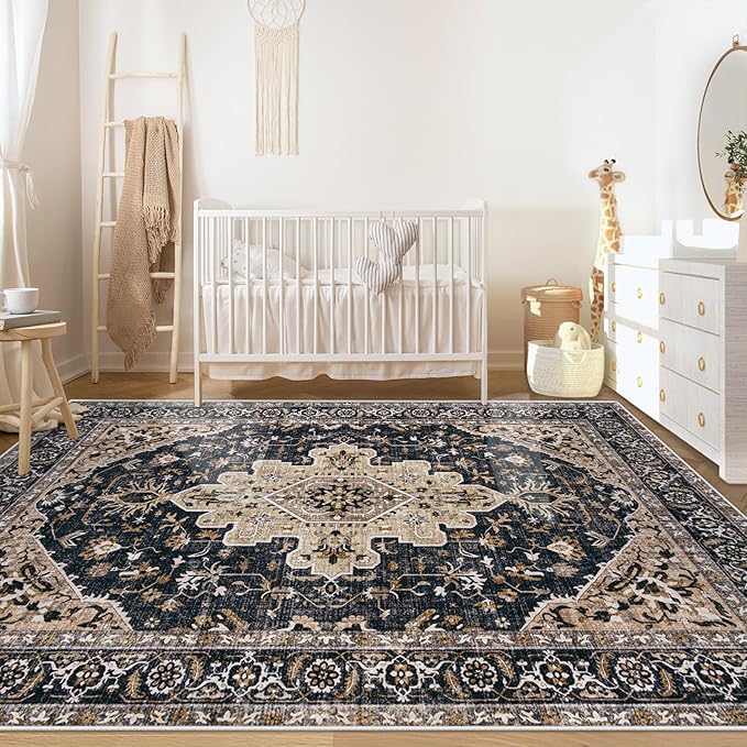 Area Rugs 6x9 Vintage Rug: Washable Living Room Rug Retro Medallion Distressed Large Soft Low Pile Non-Slip Indoor Floor Carpet for Bedroom Kitchen Nursery Dining Table Office (BeigeBlack, 6'x9')