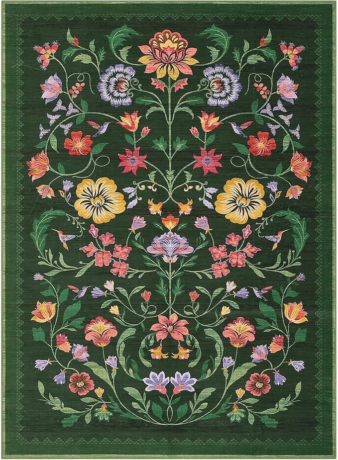 Washable Rug 9x12 Area Rugs for Living Room, Protea Floral Rug for Bedroom, Soft Vintage Non Slip Throw Rugs with Rubber Back, Low Pile Stain Resistant Boho Floral Carpet for Dining Room, Forest Green