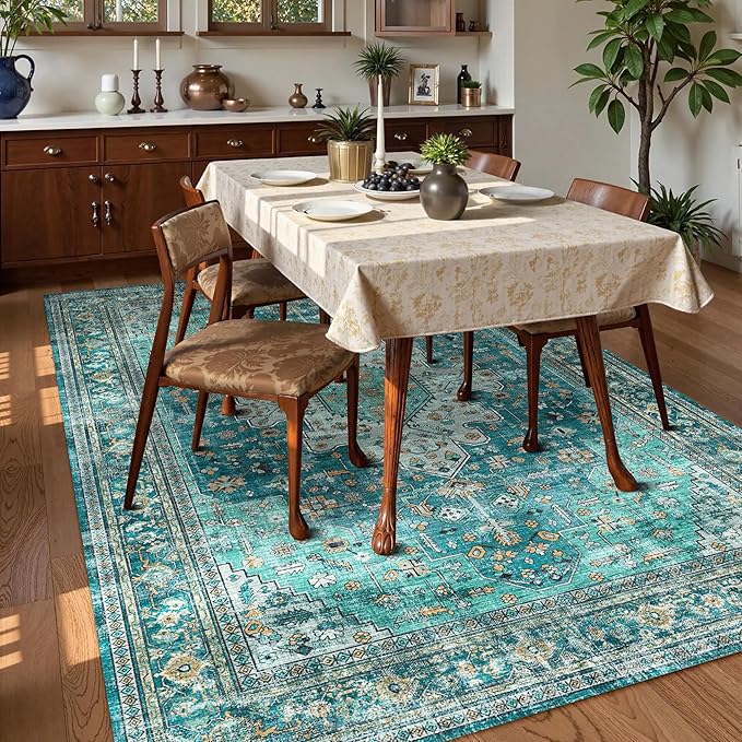 Washable Area Rug 3' x 5 ' Vintage Traditional Persian Mat - Foldable Distressed Non-Slip Machine Washable Carpet for Living Room Bedroom Kitchen Home Decor - Teal and Gold