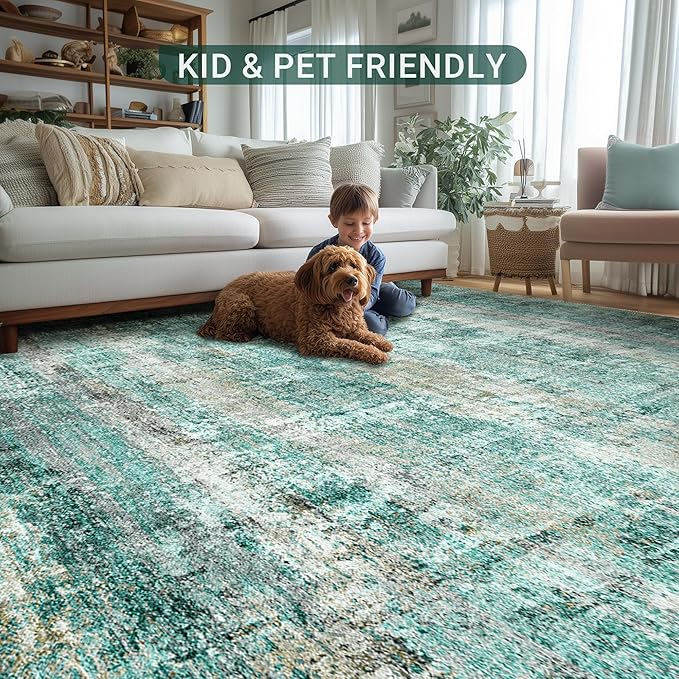 LEPEII 8x10 Area Rugs, Machine Washable Low Pile Rugs for Living Room, Modern Abstract Area Rugs for Bedroom, Large Area Rug with Non-Slip Backing for Dining Room-Green