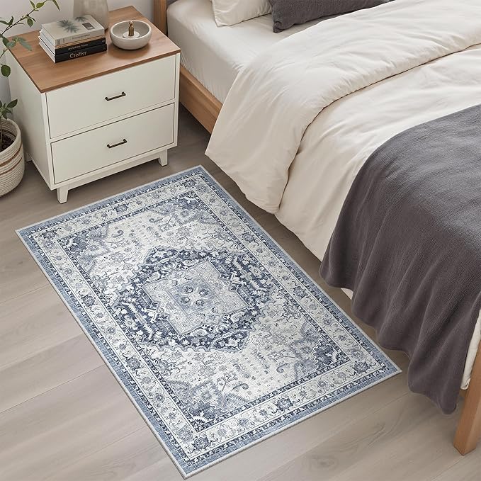 Madane Washable Area Rug 2x3, Small Entryway Rug Non-Slip Vintage Door Mat Indoor Entrance, Low Pile Floor Carpet for Inside Front Door Bedroom Kitchen Entry Laundry (2'x3', Navy/White)