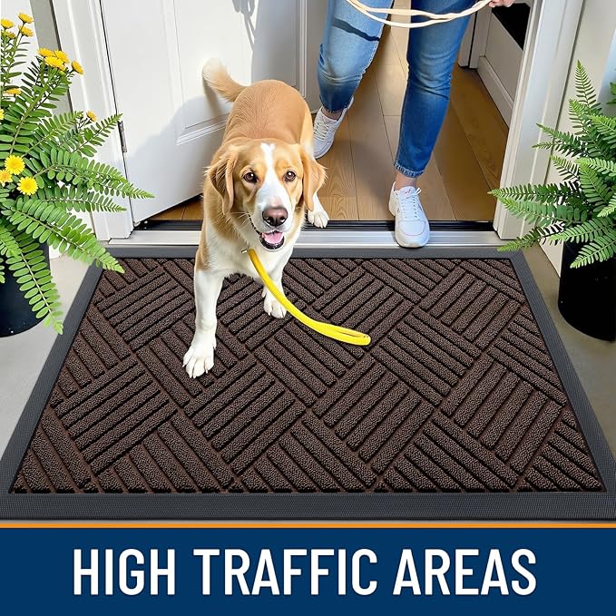 OLANLY Front Door Mat Outside Entrance 59x23, Absorbent, Heavy Duty Sturdy Natural Rubber Doormat Indoor Outdoor, Stain and Fade Resistant, Non-Slip Low Profile Floor Mat for Entryway, Brown Diamond