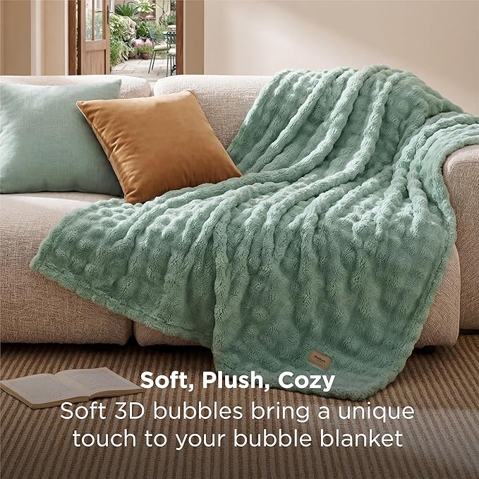 Bedsure 3D Fleece Bubble Blanket for Couch - GentleSoft Green Spring Throw Blanket for Sofa Bed Home Decor - Luxury Soft Cozy Gifts for Kids, Lightweight, All Seasons, Sage Green,50"×60"