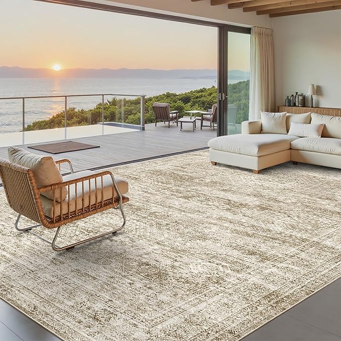Washable Area Rug 8x10, Large Soft Rugs for Living Room Vintage Area Rugs for Bedroom Dining Room Non-Slip Stain Resistant Brown Under Table Rug