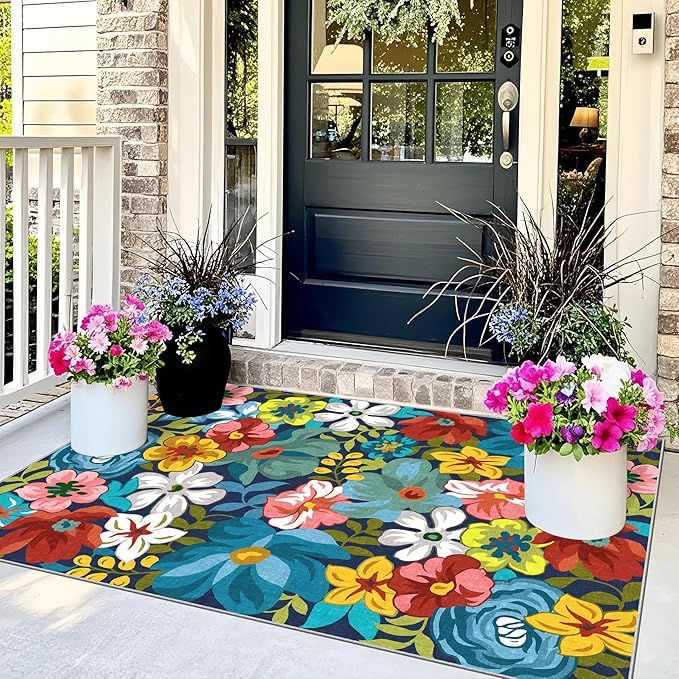 3x5 Boho Entry Rug - Small Washable Indoor Outdoor Mats for Front Door Non-Slip Porch Rug Spring Summer Colorful Floral Throw Rugs for Living Room Bedroom Entryway Kitchen Office Porch Decor