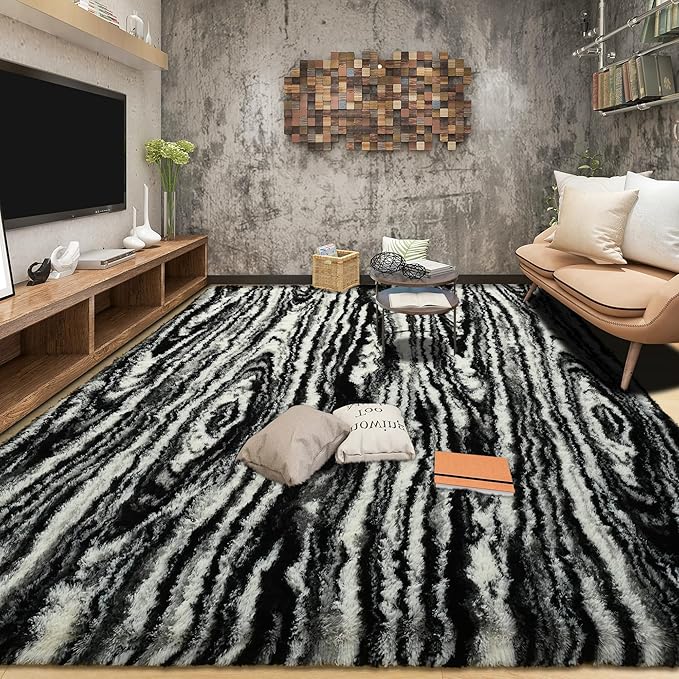Tepook Soft Fluffy Rugs for Living Room, 5x8 Shaggy Area Rug for Bedroom, Modern Shag Rug Fuzzy Carpets for Kids, Plush Indoor Nursery Home Decor Rug with Non-Slip Bottom, Black White