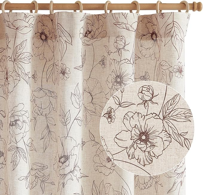 jinchan Floral Linen Curtains for Living Room 84 Inch Length Brown Flower Curtain Rod Pocket Back Tab Farmhouse Curtains with Printed Floral Bedroom Window Curtain Set, 2 Panels Brown