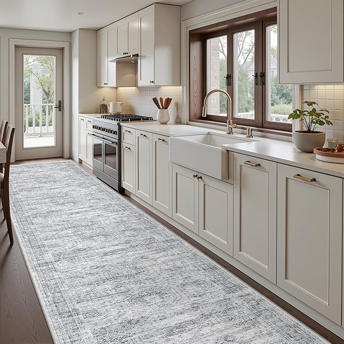 3x14 Washable Runner Rug for Hallway, Non-Slip Long Hallway Runner for Entryway, Soft Vintage Kitchen Mats for Floor, Abstract Dining Room, Bedroom, Living Room Rugs(3'x14', Grey/Ivory)