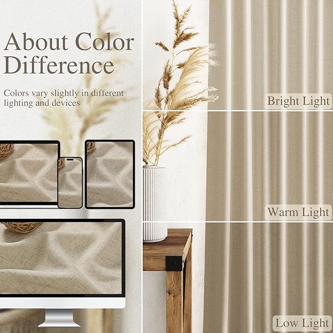 Nanspring Eggshell Beige Linen Curtains 96 Inches Long for Living Room Rustic Luxury Light Filtering Semi Sheer Curtain Back Tab Neutral Coastal Decor Drapes for Bedroom Office 52x96, 2 Panels