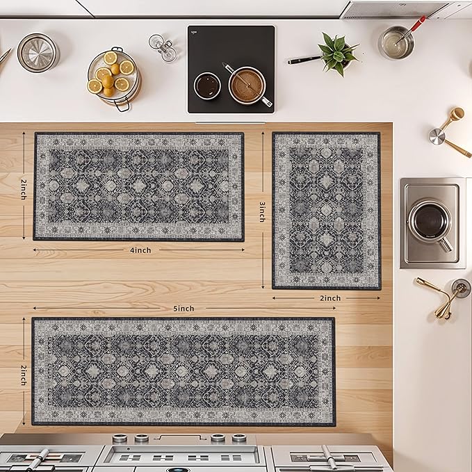 3 Pieces Kitchen Rug Sets: Farmhouse Washable Non-Slip Floor Mat for Sink Stove & Fridge Area Water Resistant Carpet for Laundry Room Entryway Soft Cozy Runners for Kids Pets Family(2x3+2x4+2x5,Black)