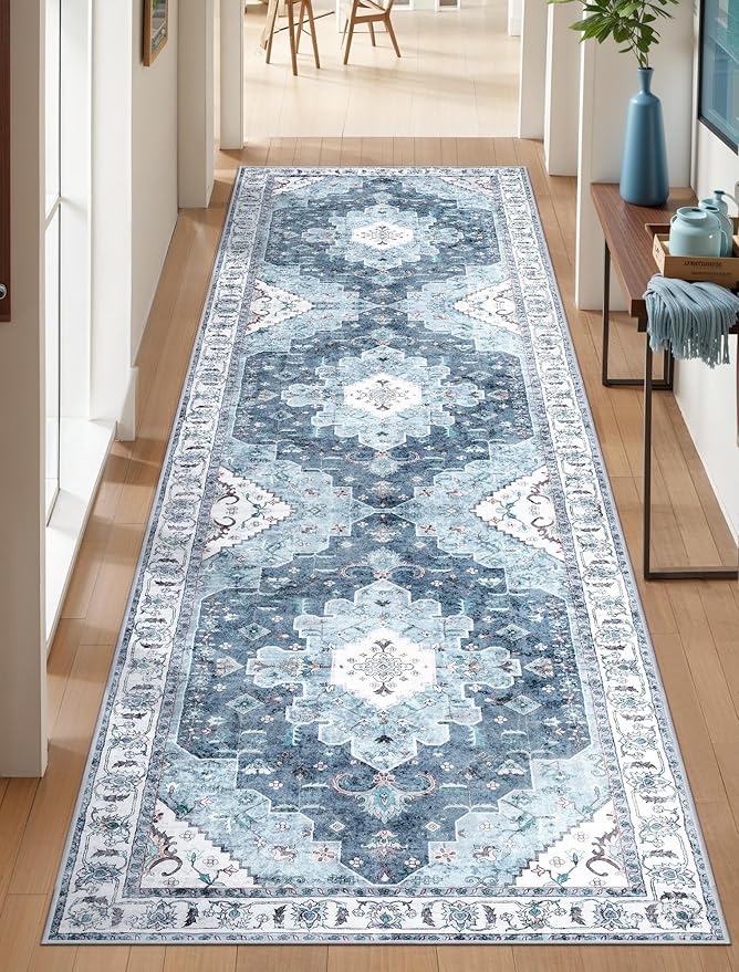 SERISSA Boho Washable Runner Rug, 2'6"x8' Non-Slip Vintage Blue Hallway Kitchen Runner Rug Ultra Soft Print Distressed Floor Carpet for Bedroom Bathroom Laundry Living Room