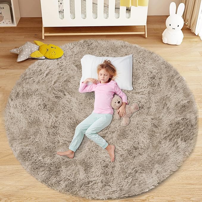 Camel Round Rugs for Bedroom: 4ft Circle Fluffy Shag Soft Washable Rug Small Fuzzy Plush Indoor Carpet for Kids Girls Boys Nursery Dorm Classroom (Camel, 4'x4')