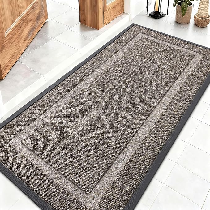 OLANLY Front Door Mat Indoor Outdoor Entrance, Waterproof All-Season, All-Weather Doormat, Sturdy Natural Rubber, Low Profile, Easy Clean Patio Porch Entryway Mat, 47x23, Khaki and White