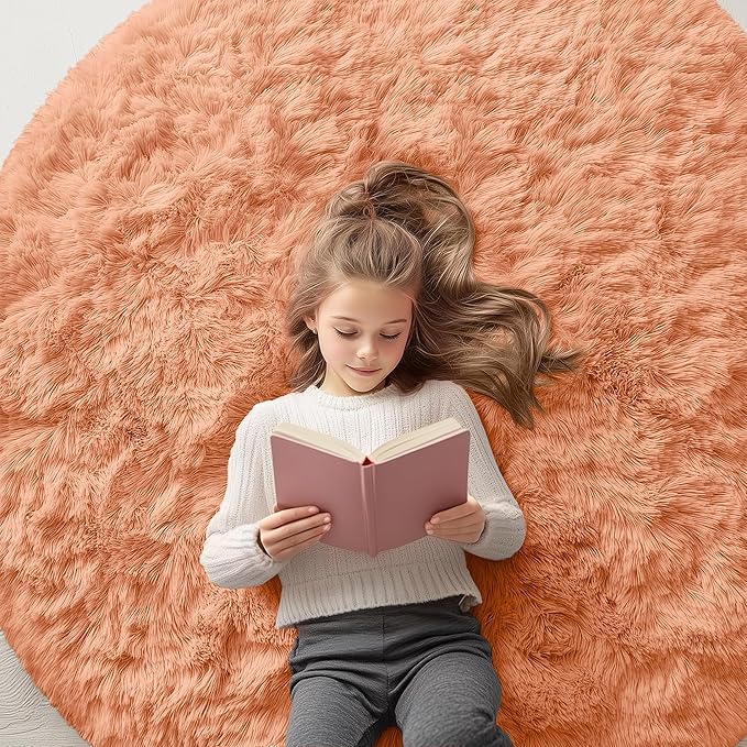 OLANLY Muted Orange Round Rugs for Bedroom - Machine Washable, 5 ft Circle Area Rugs for Living Room, Soft and Fluffy Shaggy Carpet for Teen Girl and Boys, Nursery Rooms, Dorms, Home Decor Aesthetic