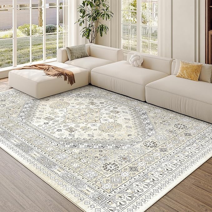 zesthome 6x9 Area Rug, Super Soft Washable Rugs for Living Room, Non-Slip Stain Resistant Vintage Rugs, Ultra-Thin Large Area Rugs (Beige,6'x9')