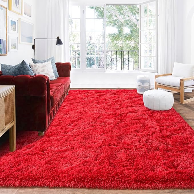 Rugs for Bedroom 4x6, Soft Shaggy Modern Shag Area Rug for Living Room, Upgrade Non-Slip Plush Fluffy Carpet for Kids Boys Girls Room Home Decor Aesthetic, Red