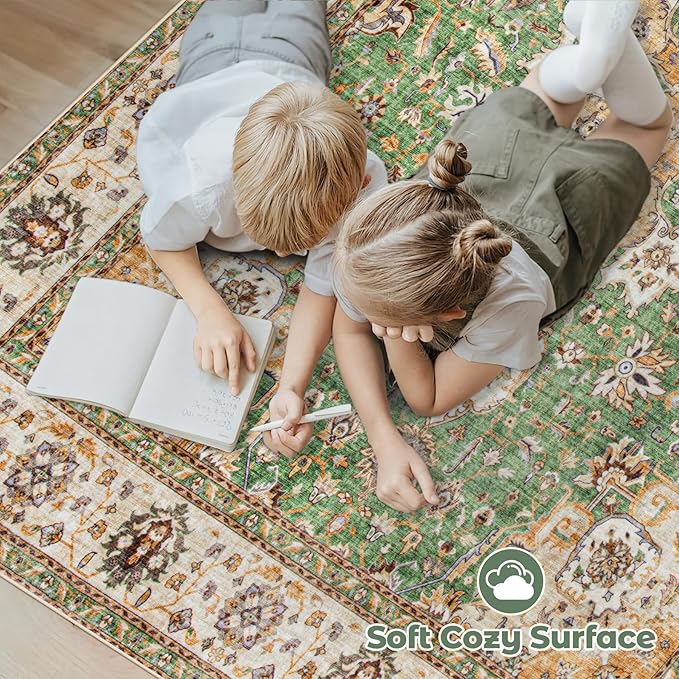 Area Rug 5x7 Washable Rug, Vintage Boho Medallion Rugs Non-Slip Soft Low Pile Large Distressed Rug Indoor Retro Carpet for Living Room Bedroom Dining Room Home Office (Vintage Green, 5'x7')