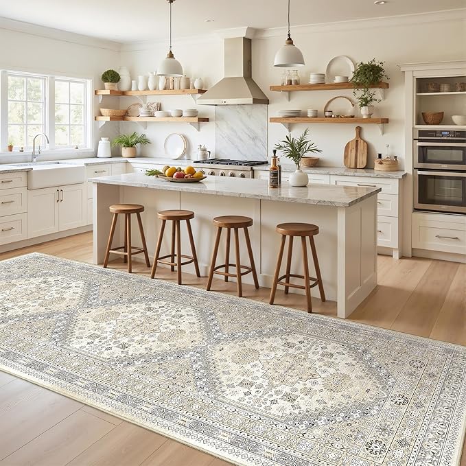 3x10 Runner Rug Non Slip Washable for Entryway, Front Porch, Vintage Hallway Runner for Laundry Room, Bedroom, Stain Resistant Thin Indoor Kitchen Mats for Floor(Beige,3'x10')